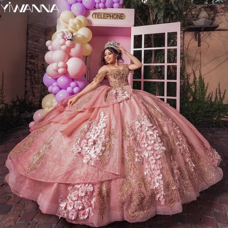 Glitter Kralen Crystal Quinceanrra Prom Jurken Elegant Off The Shoulder Prinses Lange Luxe 3d Bloem Sweet 16 Dress Vestidos