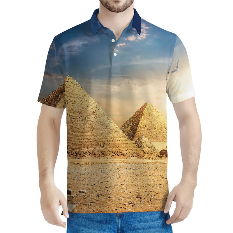 メンズアンティークピラミッドパターンポロシャツ、3DプリントTシャツ、カジュアルストリートオーバーサイズTシャツ、ラペルボタン、半袖、夏