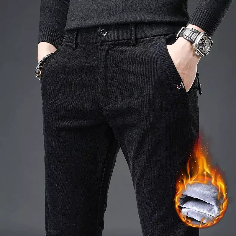 Winter Men's Slim Fit Straight Corduroy Fleece Pants High Quality Cotton Stretch Simple Clothing Pure Fit Casual Trouser