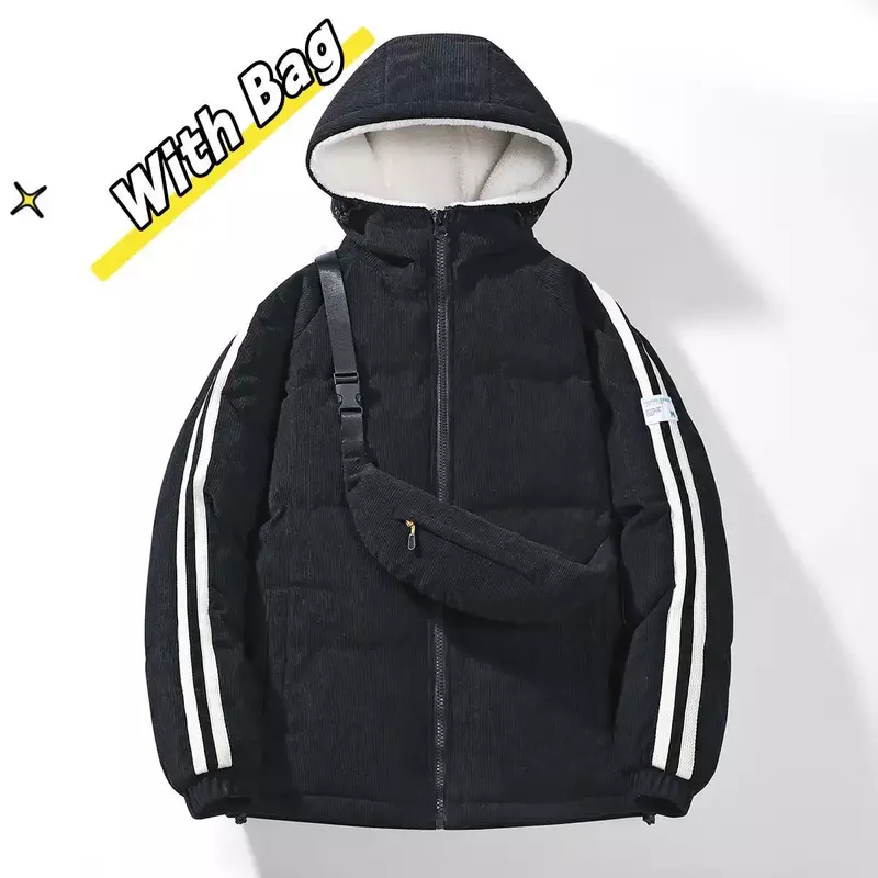 UETEEY 2023 Winter Cotton Padded Jacket Men With Bag Corduroy Fleece Thicken Warm Male Parkas Casual Fashion Hooded Man Coat