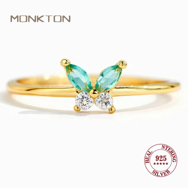 Monkton S925 Sterling Silver Cute Gradient Butterfly Ring for Women Gold Plated Open Adjustable Rings Fashion Aesthetic Jewelry