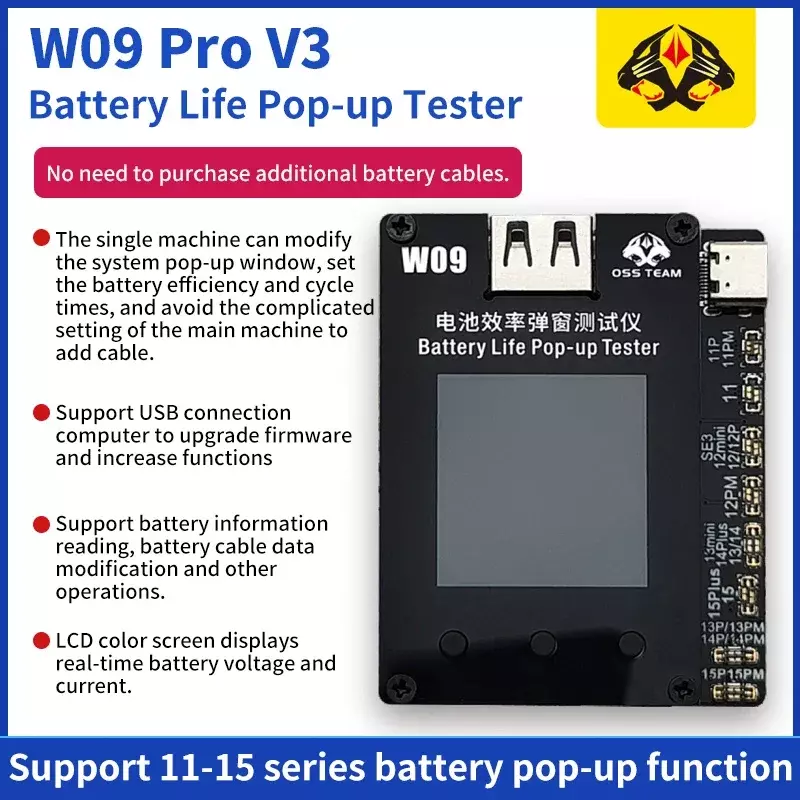 OSS team W09 Pro V3 Programmer baterai, untuk iphone 11-15PM kesehatan baterai berubah menjadi 100% perbaikan Pop-up tidak perlu Kabel flex