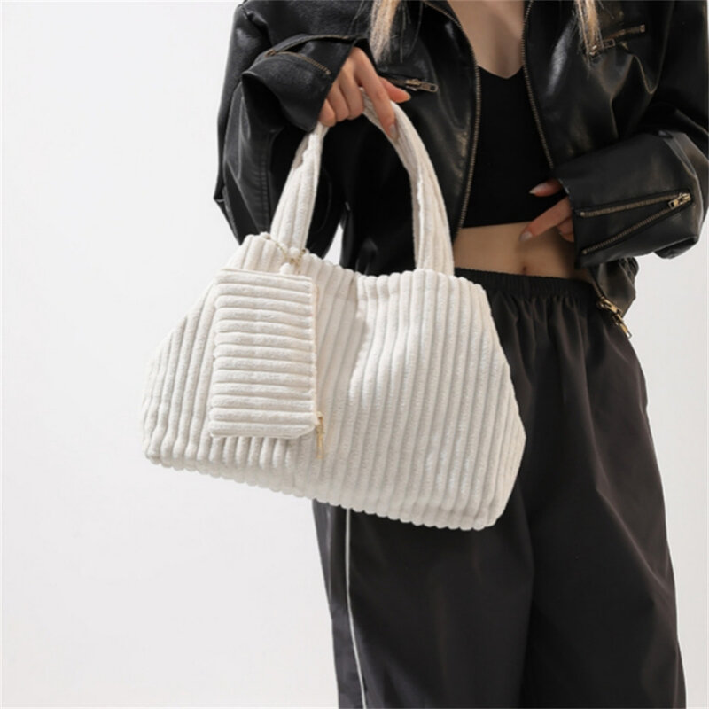 Corduroy tas tangan kapasitas besar wanita, dompet koin motif garis trendi tas Tote ketiak bahu tunggal kasual musim dingin untuk wanita