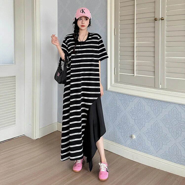 KE6311-vestido holgado de talla grande para mujer, traje informal a rayas de retales, Túnica asimétrica para verano, novedad de 2024