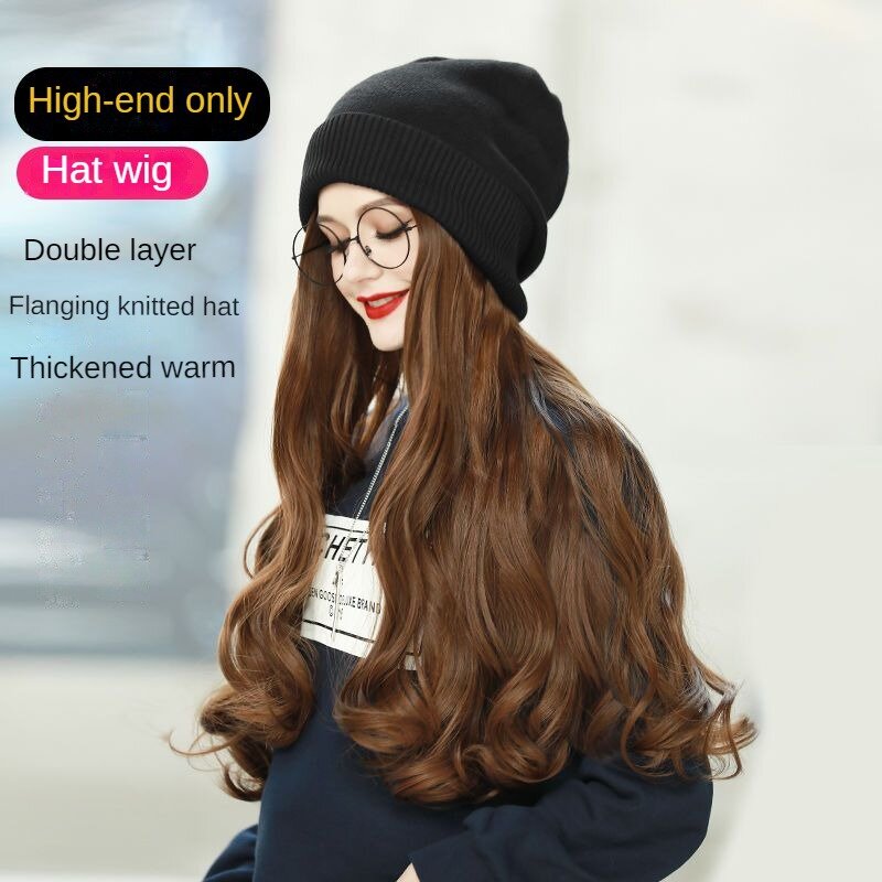 Synthetic Hat Wig Knitted Hat With Hair Wigs For Women Long Curly Hair Autumn Winter Plush Full Headpiece Fashion Female Cap Wig