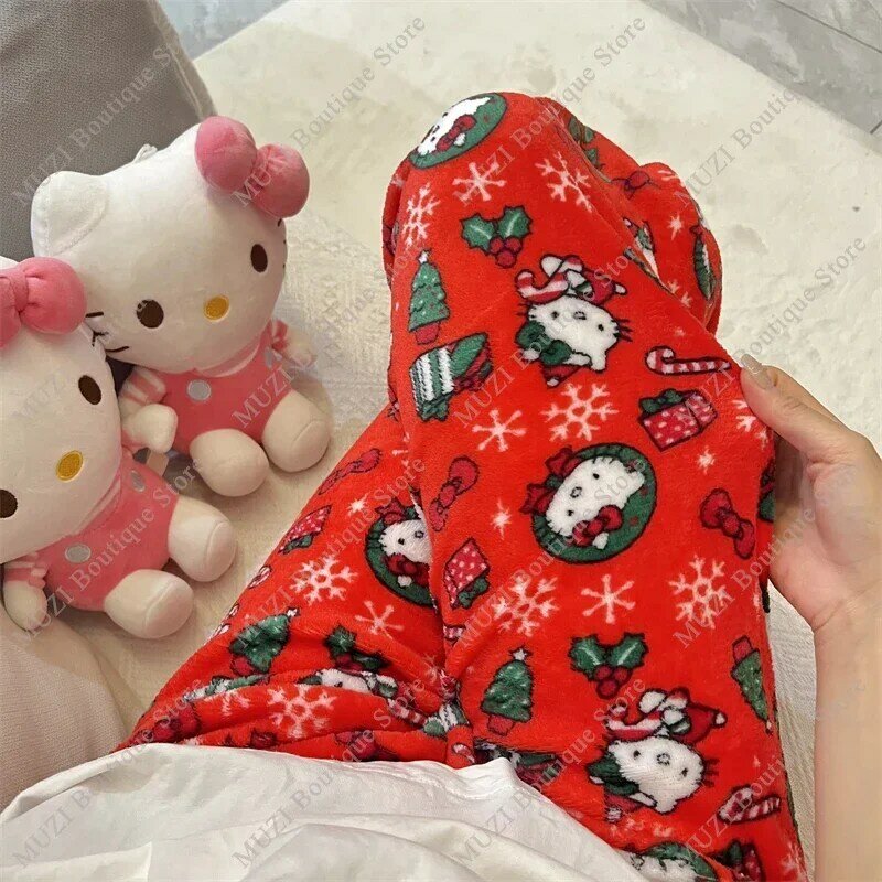 Sanrio-مرحبا كيتي الكرتون بيجامة السراويل للنساء ، والنسيج الناعم ، والسراويل الدافئة ، والفتيات لطيف ، والأزياء المنزلية ، هدايا عيد الميلاد