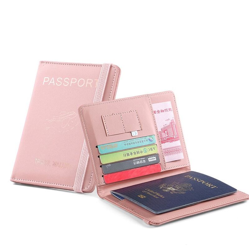 Cartera de cuero PU con bloqueo RFID para pasaporte, tarjetero de identificación con letras impresas, monedero de cuero multiposición