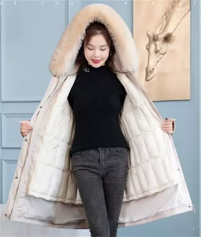 Jaqueta longa de inverno feminina, Parkas na moda coreana com gola de pele, forro quente, neve, roupas femininas casuais acolchoadas, novo, 2024