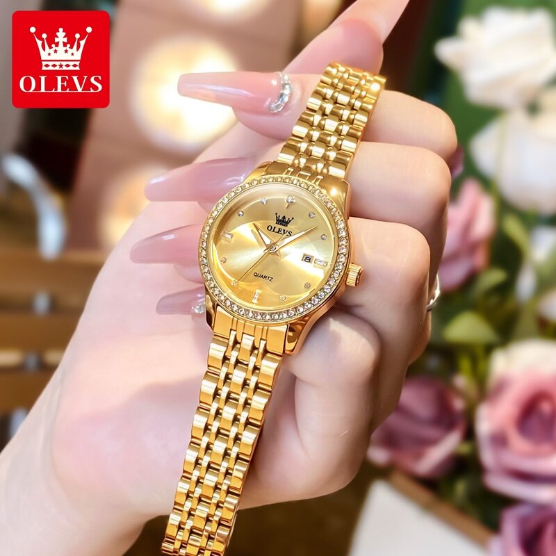 2Pcs Set OLEVS Luxury Bracelet Watch for Women, Golden Stainless Steel Ladies Quartz Wristwatch Business Luminous Waterproof