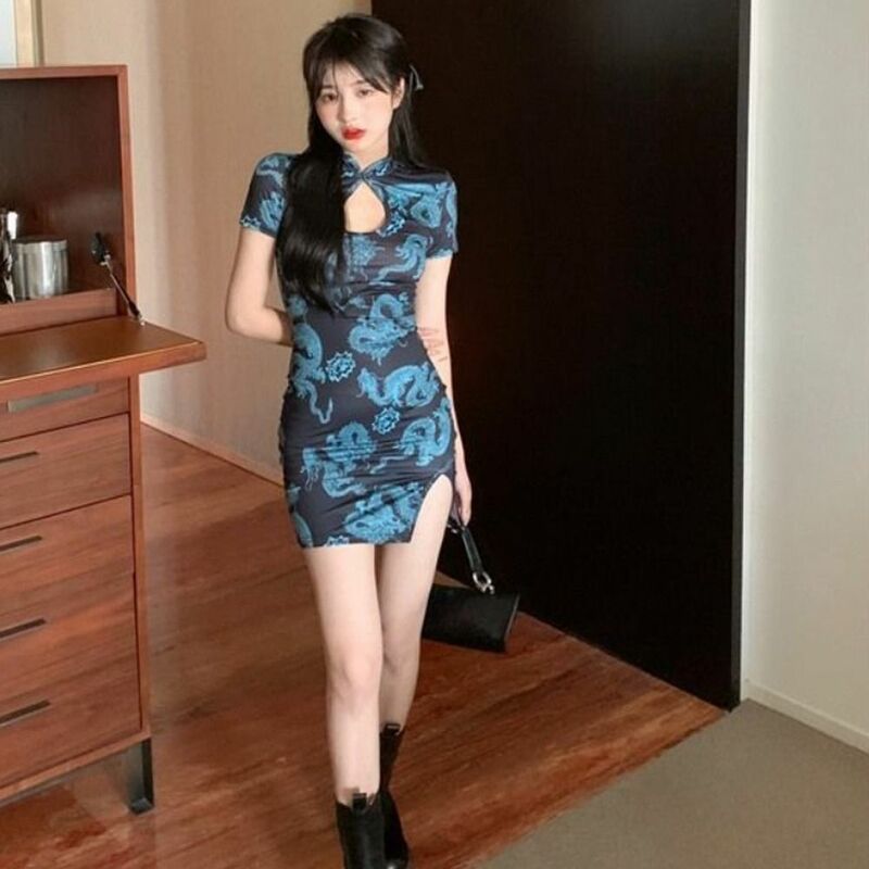Slim Dragon Print gaya China Cheongsam, pakaian wanita lengan pendek antik bordir Forking Cina