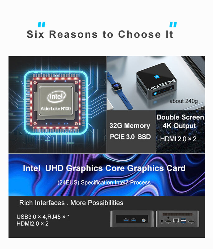 2023 미니 PC 데스크톱 컴퓨터, 알더 레이크 N100 쿼드 코어, 최대 3.4GHz DDR4 NVME 와이파이 6, 2 * HDMI 2.0, 4K @ 60Hz, 4 * USB3.2, 12 세대 인텔
