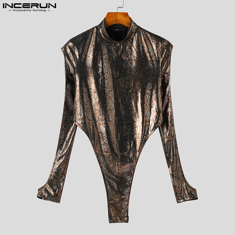 Sexy Style New Mens Jumpsuits INCERUN 2023 Coated Flash Fabric Bodysuits Casual All-match Male Thimble Long Sleeve Rompers S-5XL
