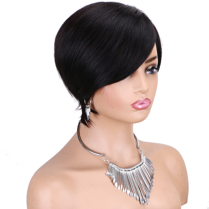 Proste, krótkie ludzkie peruki dla czarnych kobiet peruki Afro czarne fryzura Pixie ludzkie włosy proste codzienne peruki imprezowe z perukami używają włosów