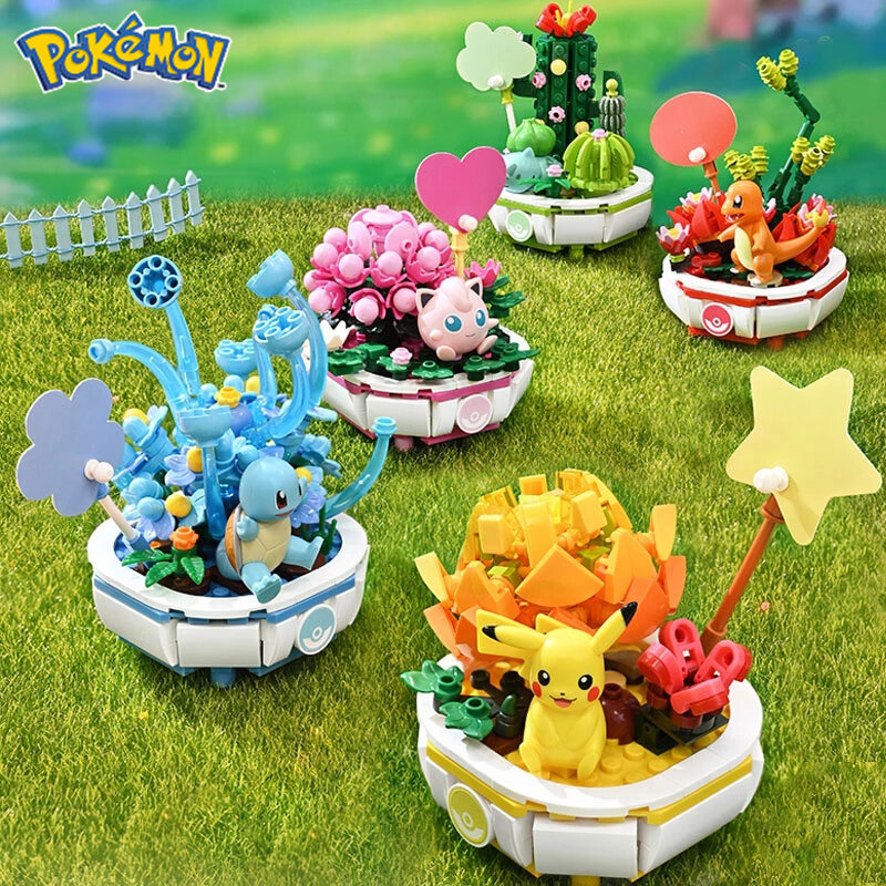 New Pokemon Building Block Pikachu Charmander Squirtle Model Toy Plant Potted Flower Brick Home Decoration Child Toy Girl Gifts