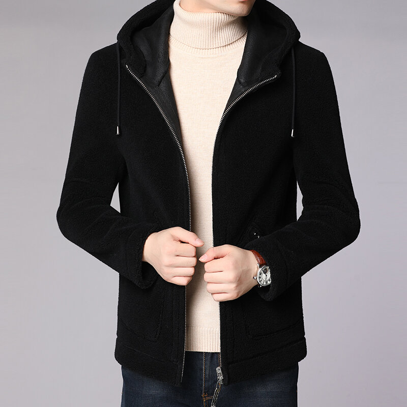 Мужская двусторонняя куртка с овечьим мехом и капюшоном, на осень/зиму