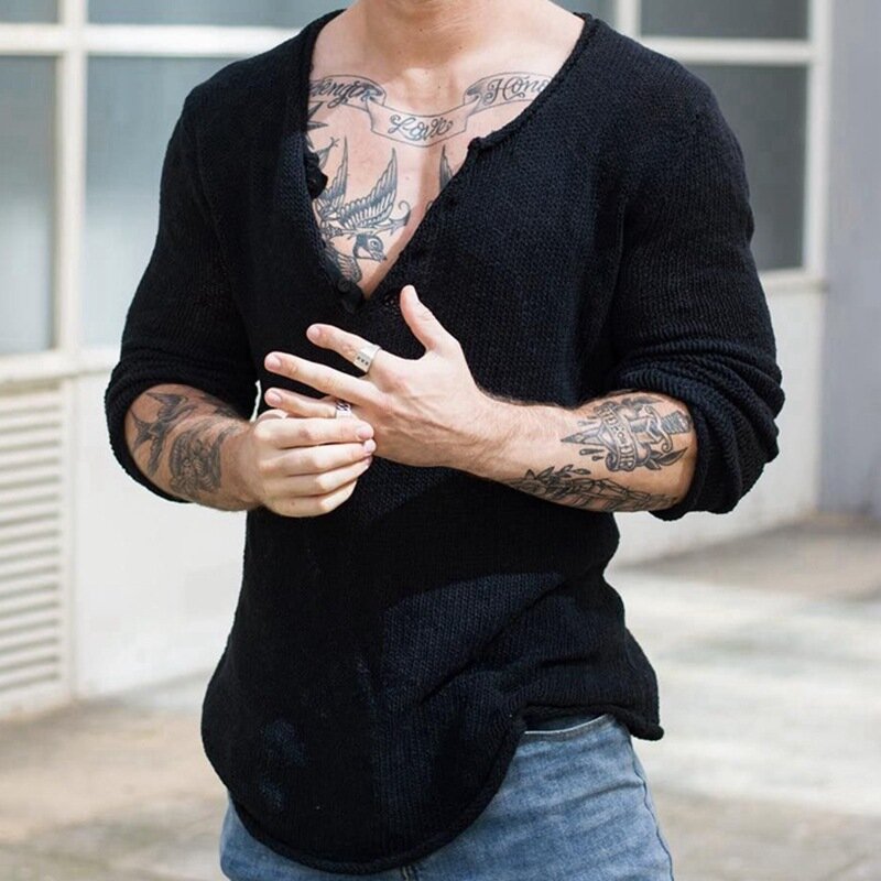 Men T Shirt Solid Color Knitted V Neck Long Sleeve Casual Men Gay Clothing Streetwear 2023 Hollow Out Loose Camisetas 3XL