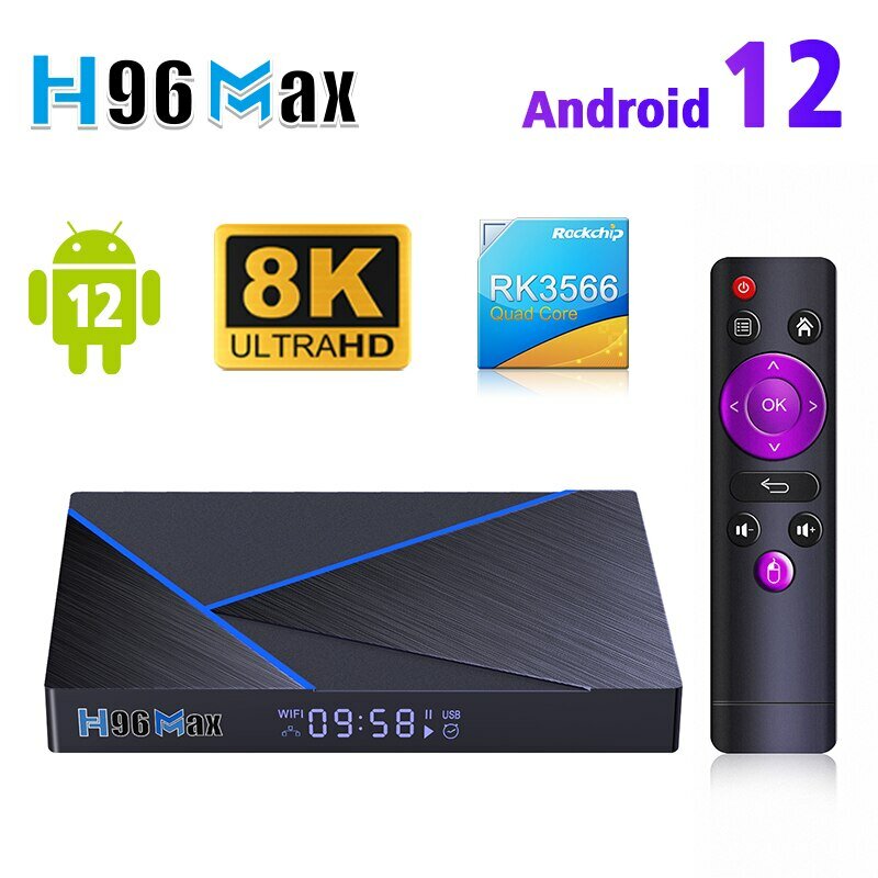 Boîtier Smart TV H96 Max V56, Android 12, RK3566, 8 Go/64 Go, 4K, WiFi 2.4/5 GHz, LAN 1000 Mb/s, BT4.0