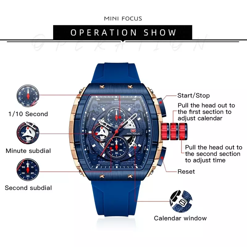 MINI FOCUS-Homens Tonneau Dial Militar Silicone Strap Quartz Watch, Sport Youth Relógio, Cronógrafo Relógio de pulso, Relógio, 0399G