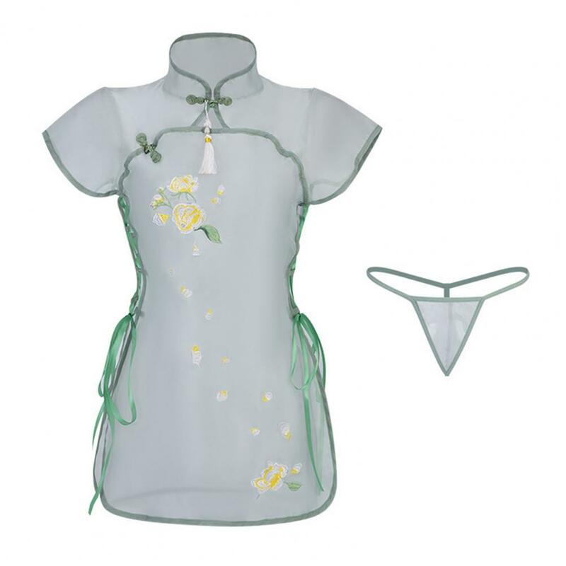 Chemise de nuit Cheongsam chinoise pour femme, motif floral transparent, sous-vêtements sexy, 1 ensemble