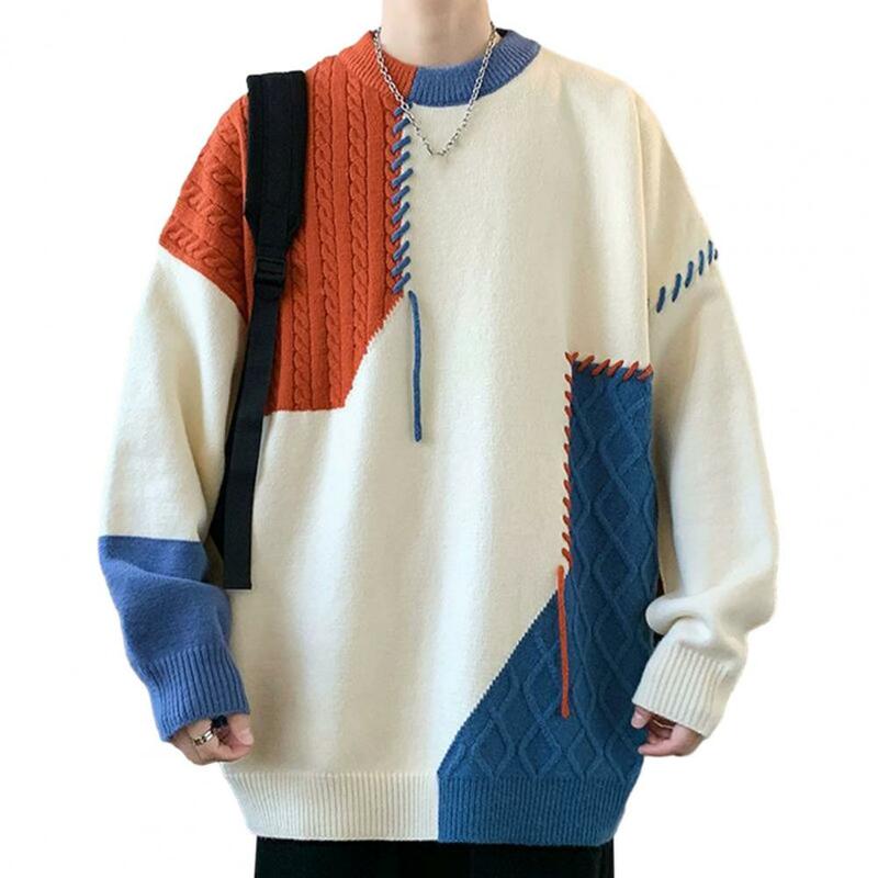 Sweater rajut pria, Sweater rajut hangat tebal Korea warna kontras tambal sulam panjang sedang