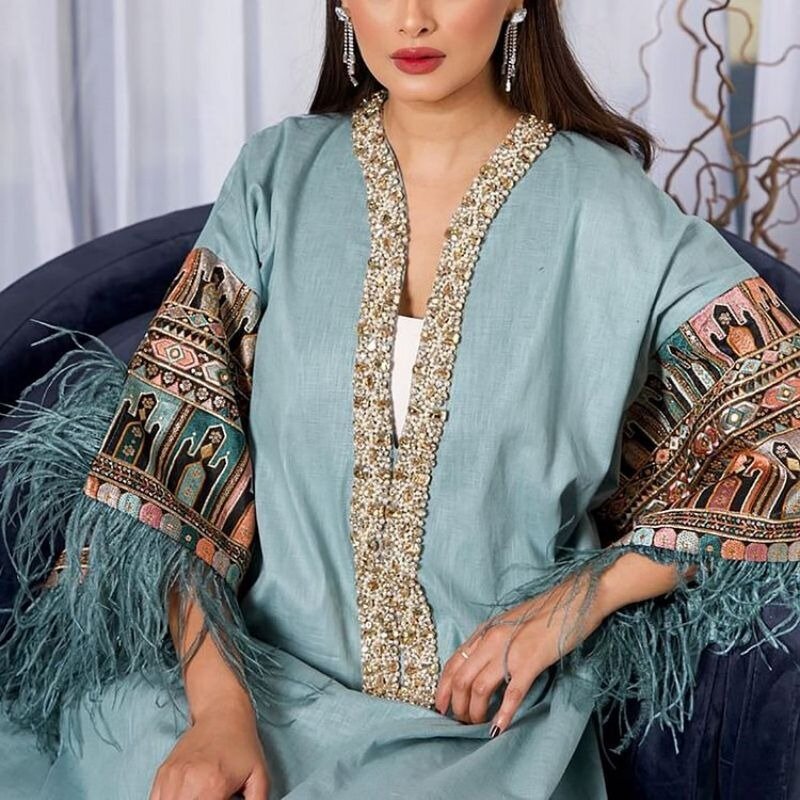 Feather Long Sleeve V Neck Loose Kaftan Dubai Abaya Arab Robe Maxi Dress Muslim Islamic Dress for Women 2023