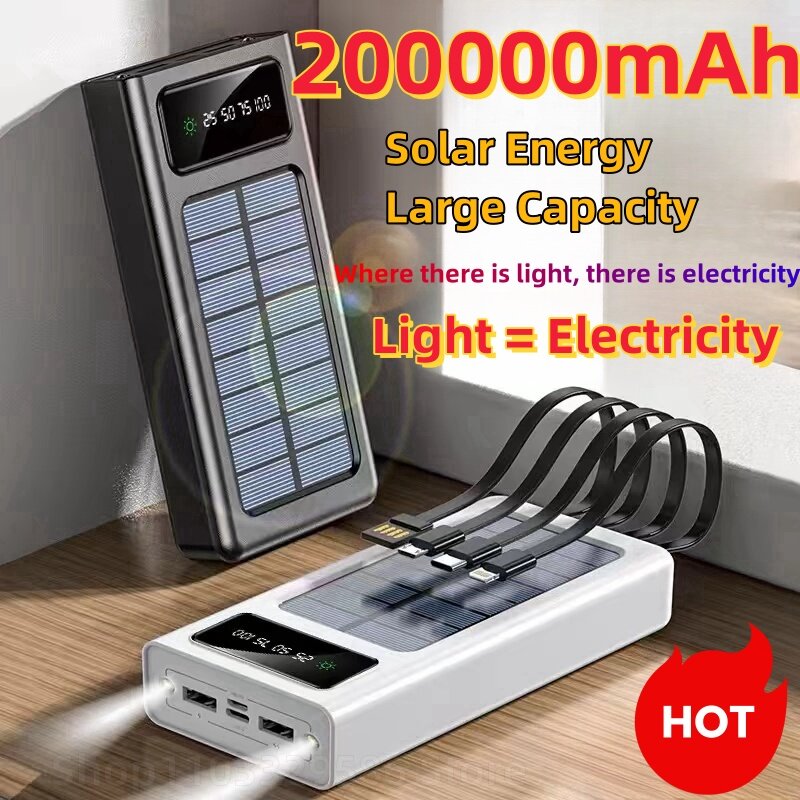 Banco de energía de carga Solar de gran capacidad, 200000mAh, viene con cuatro cables, adecuado para Samsung, Apple, Huawei