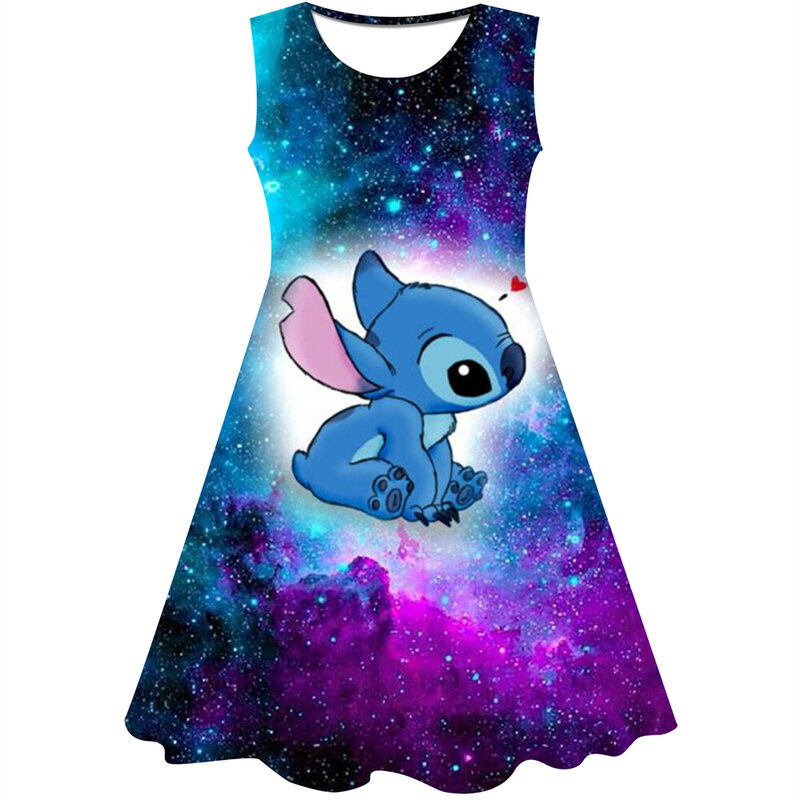2024Summer New Children's Sleeveless Dress Tops Cute Cartoon 3d Stitch Print Home Outing Skirt Breathable And Cool Girl Clothing