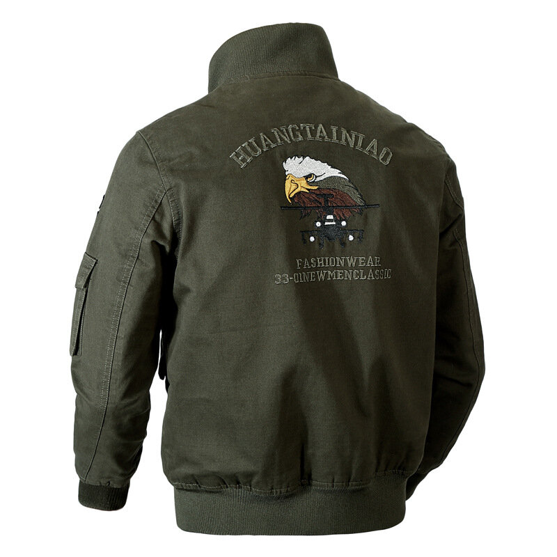 남성용 봄버 스탠드 칼라 재킷, 패션 자수 프린트 루즈핏 지퍼 재킷, 남성 밀리터리 육군 녹색 가을 겨울 솔리드 코트