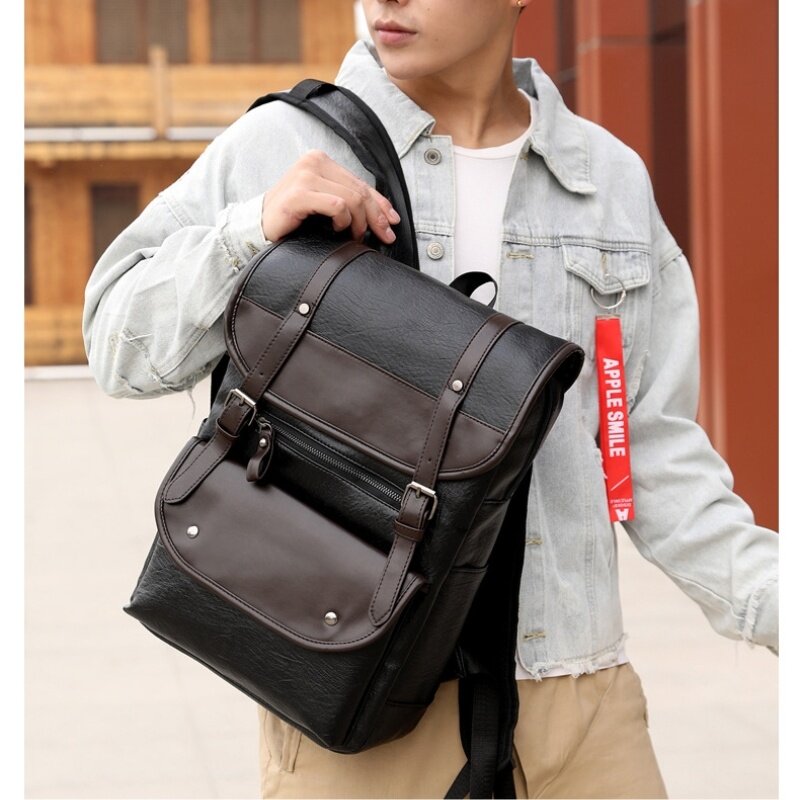 Vintage Laptop Leather Backpacks for School Bags Men PU Travel Leisure Large Capacity Waterproof Students Schoolbags