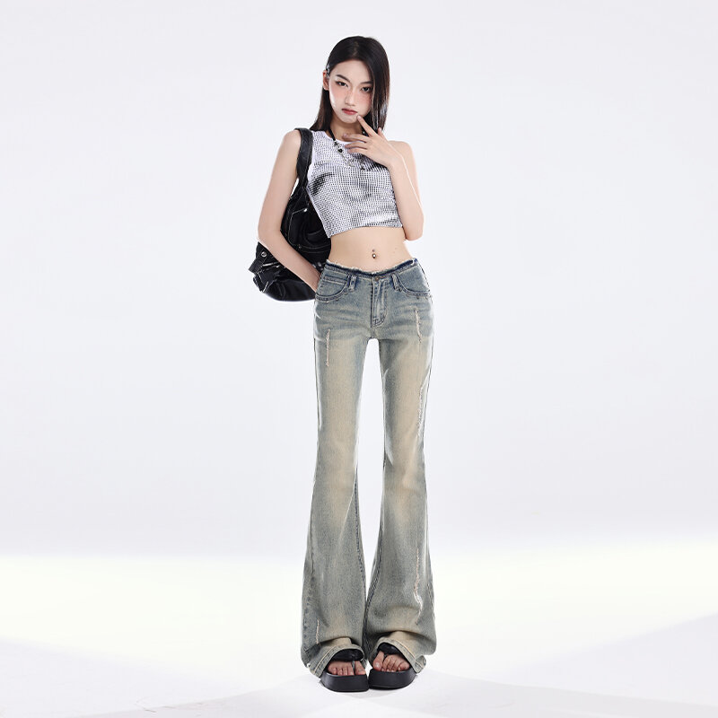 Женские винтажные джинсы-клеш, узкие облегающие джинсовые брюки с высокой талией в Корейском стиле, модель Y2K на лето