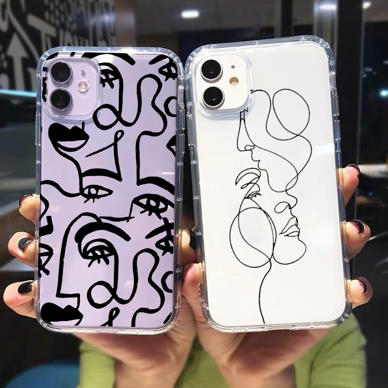 Phone Case for iPhone 15 14 13 12 11 Pro Max 7 8 Plus X XR XS SE Abstract Geometric Art Line Face Shockproof Clear Cover Coque
