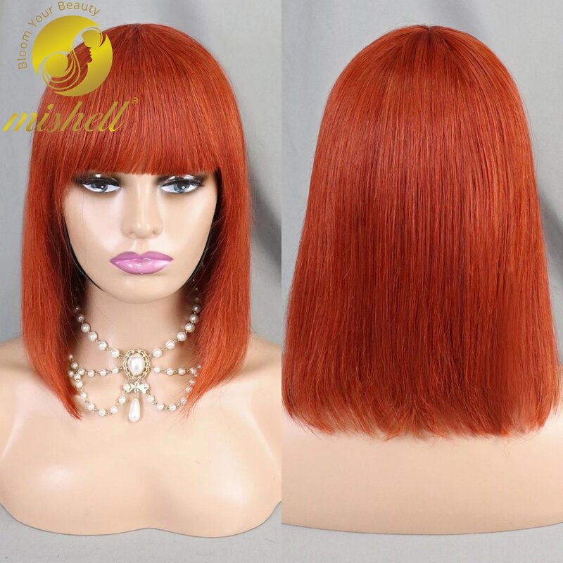 #33 Pomarańczowe proste peruki wykonane maszynowo z grzywką Krótki bob Peruka z ludzkich włosów na plecach dla kobiet Wstępnie oskubane brazylijskie włosy Remy