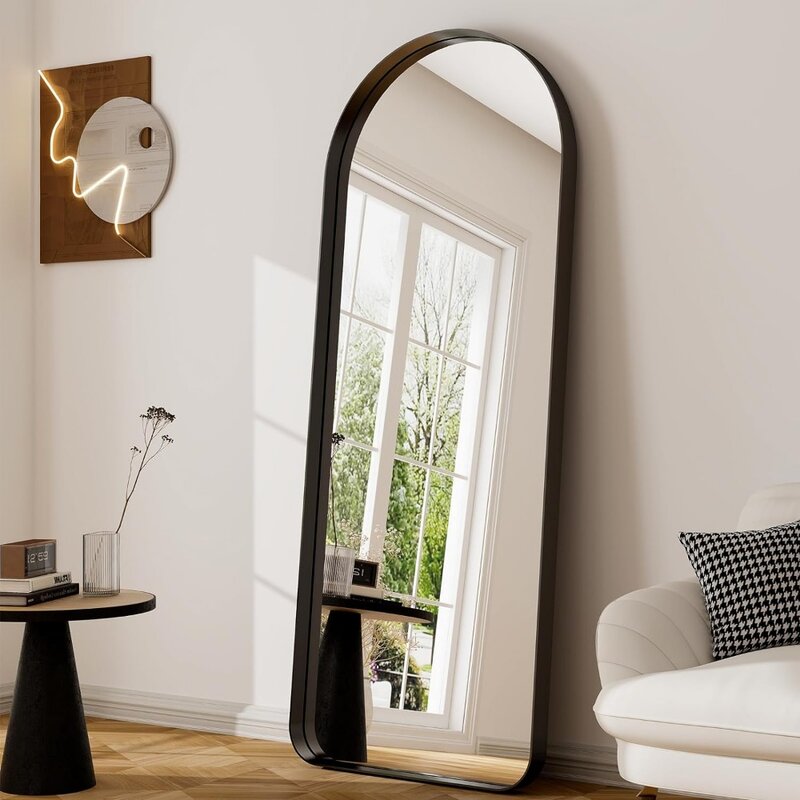Espejo arqueado de longitud completa de 21 "x 64", Marco profundo de aleación de aluminio, espejo negro montado en la pared para baño, sala de estar, dormitorio