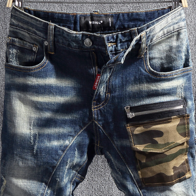 Street Fashion Designer Jeans da uomo Retro Blue Stretch Slim Jeans strappati da uomo tasca mimetica pantaloni da motociclista in Denim Hip Hop Hombre