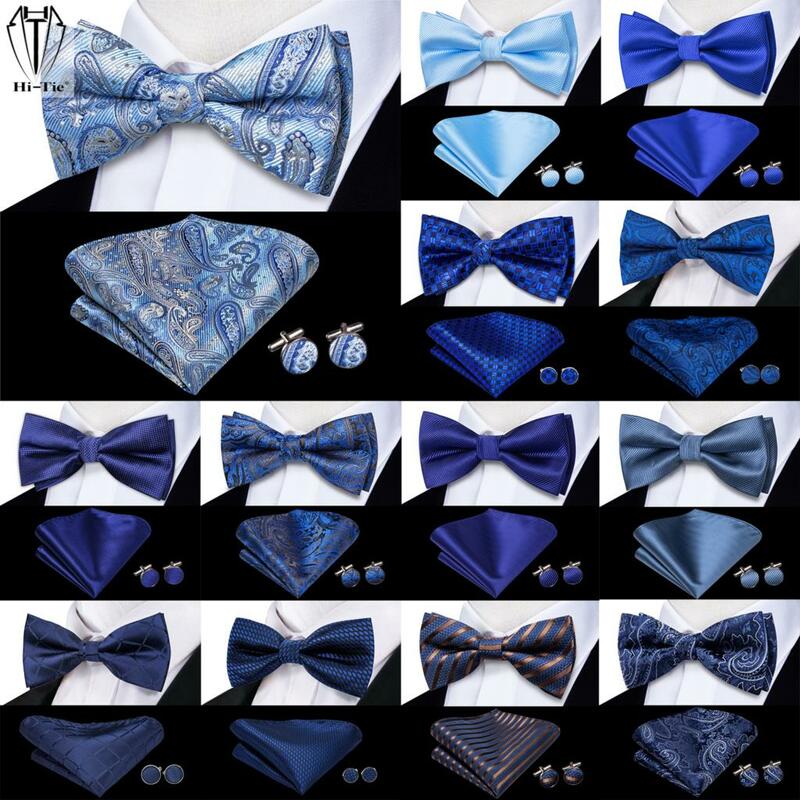 Hi-Tie-corbata de seda azul marino para hombre, conjunto de gemelos de pañuelo, pajarita preatada, nudo de mariposa, boda masculina, negocios