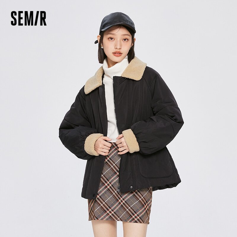 Semir เสื้อผู้หญิงกลางยาว Imitation Lamb ขนสัตว์ Splicing ง่าย2022ฤดูหนาวใหม่หลวมปลอกคอขนสัตว์ Top Coat