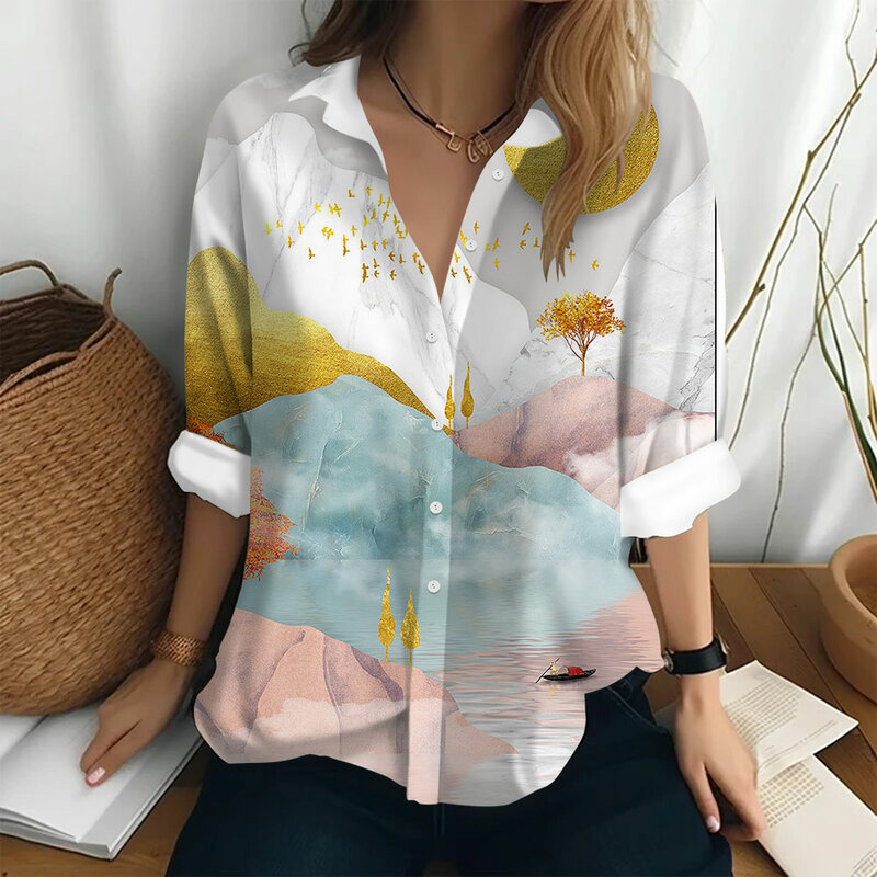 Женская рубашка и блузки, рубашка на пуговицах с принтом, модная женская рубашка с 3D акварельным принтом, летний Повседневный свободный стильный женский топ