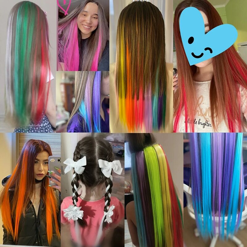 Lupu 22 "Synthetische Lange Rechte Rainbow Highlight Gekleurde Hair Extensions Clip In Een Stuk Ombre Roze Paars Groen Geel