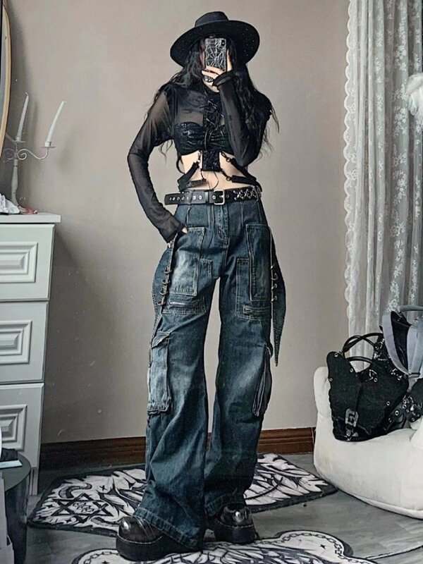 American New Spice Girl Plus Size Retro Waschen Jean Y2k Street Fashion Retro Big Pocket Design gerade lose Hose mit weitem Bein
