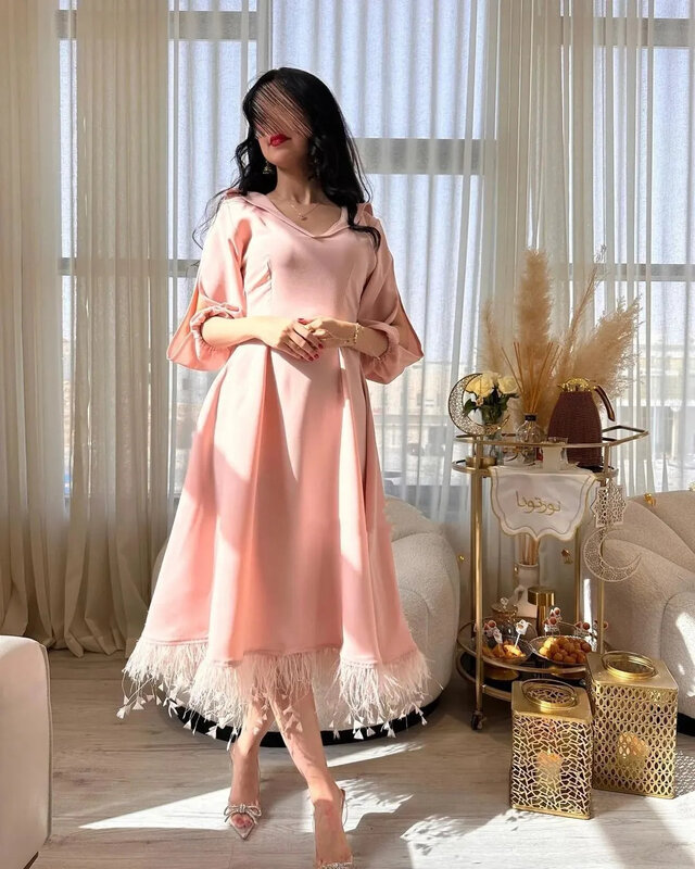 Różowa plisowana suknia wieczorowa z dekoltem w szpic proste obszycie z piór suknia wieczorowa do herbaty damskie sukienki imprezowe na formalne suknie