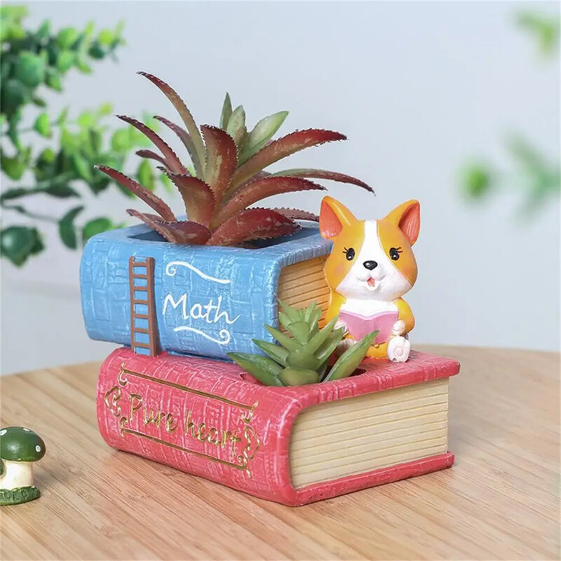 Model buku kreatif Pot bunga dekorasi Resin permukaan halus kartun Corgi kerajinan anjing Pot tanaman dekorasi Desktop ruang tamu