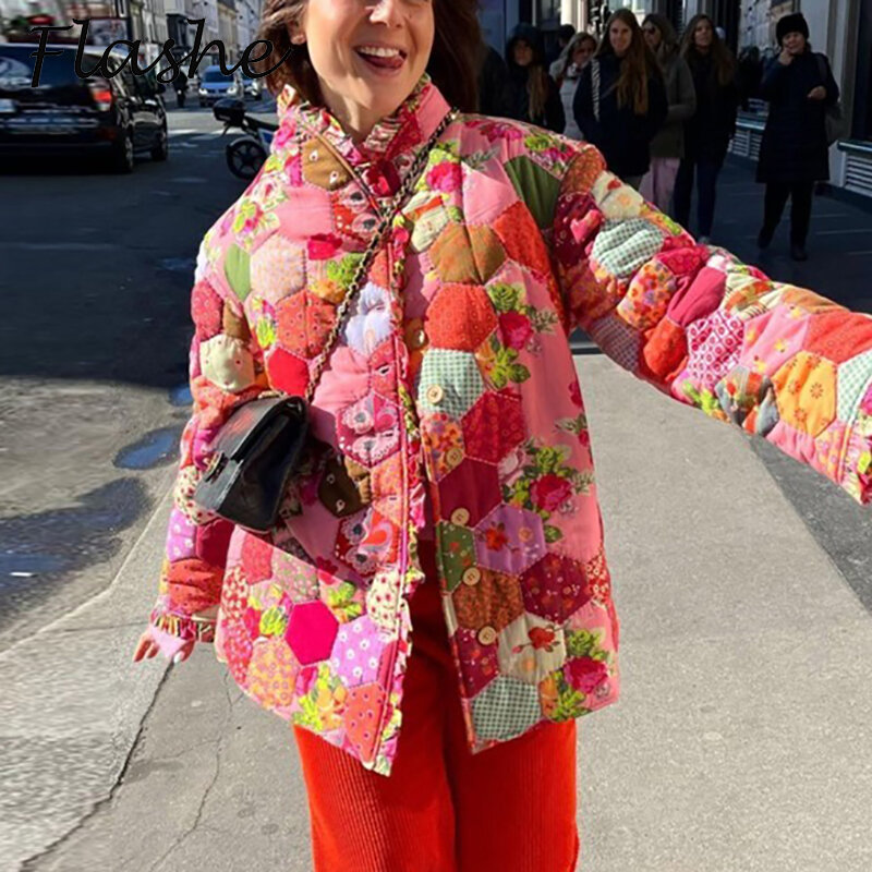 여성용 레트로 플리츠 프린트 코트, 긴팔 두꺼운 재킷, 캐주얼 단추 아우터, 가을 Winer, 2023