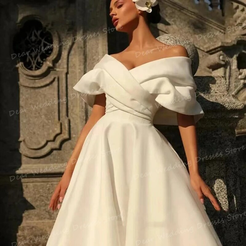 2024 einfache Falte Satin Brautkleider sexy eine Linie von der Schulter Brautkleider Frauen rücken freie formelle Party Vestidos de Novias
