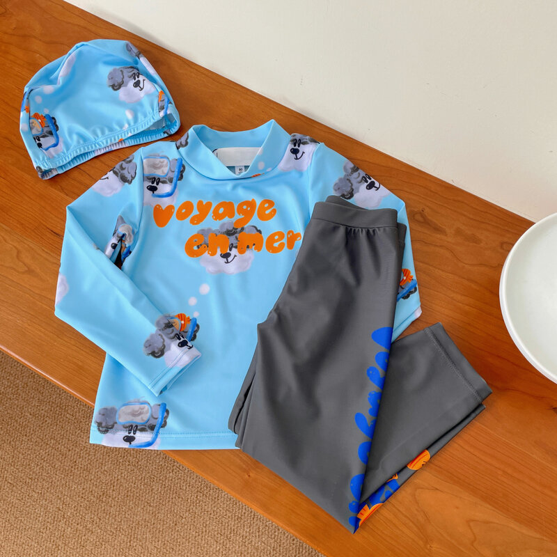 2024 letni strój kąpielowy dla dzieci niebieski nadruk z filtrem przeciwsłonecznym dla dziewcząt dwuczęściowy strój kąpielowy szybkoschnący strój kąpielowy dla chłopców z kreskówek dla dzieci