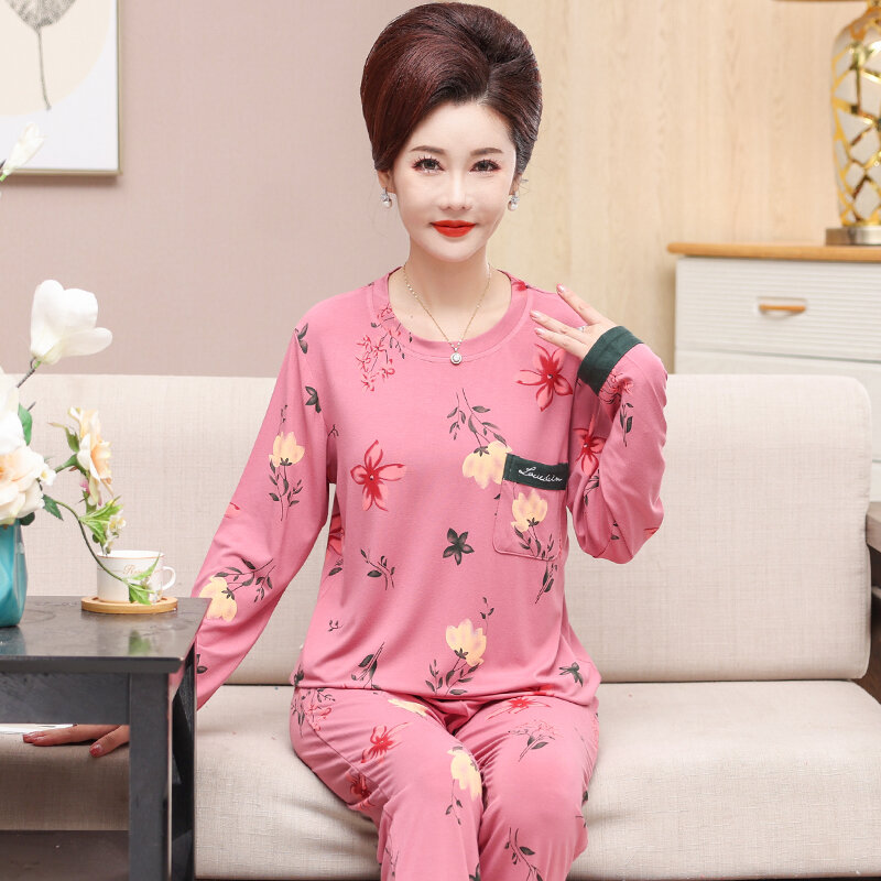 Пижама женская из мягкой модала с цветочным принтом, пижамный комплект с длинным рукавом и брюками, одежда для сна, большие размеры