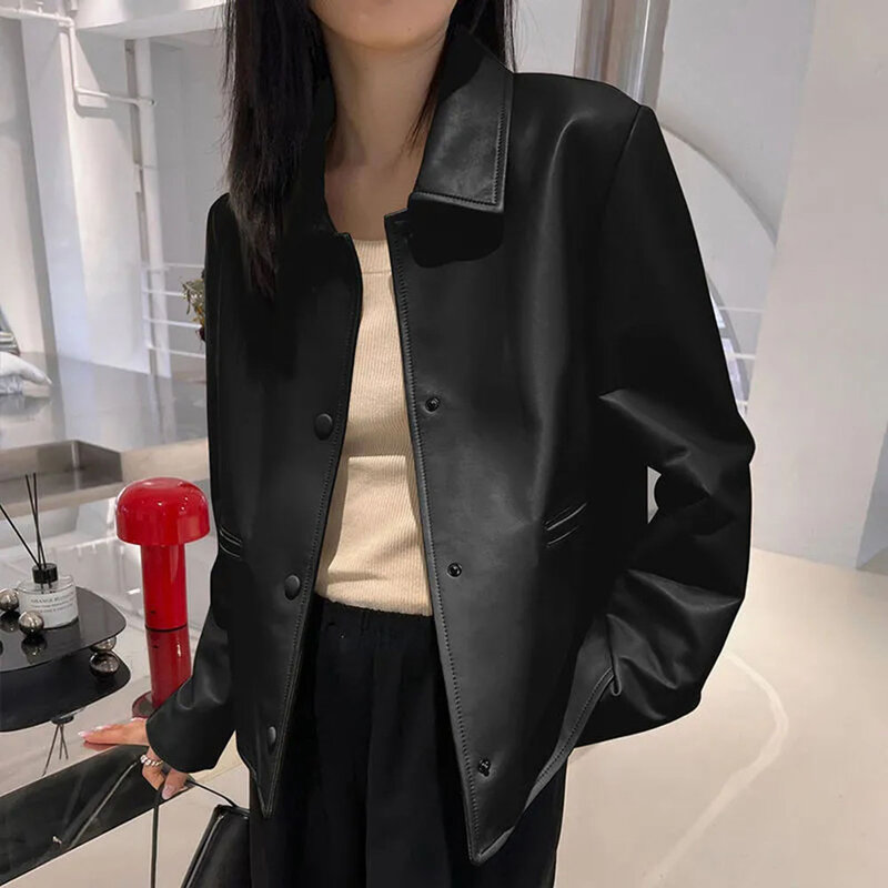 여성용 캐주얼 라펠 인조 가죽 재킷, 싱글 브레스트 짧은 PU 코트, 레이디 패션, 루즈 블랙 아우터, 2023 가을 신상 용수철