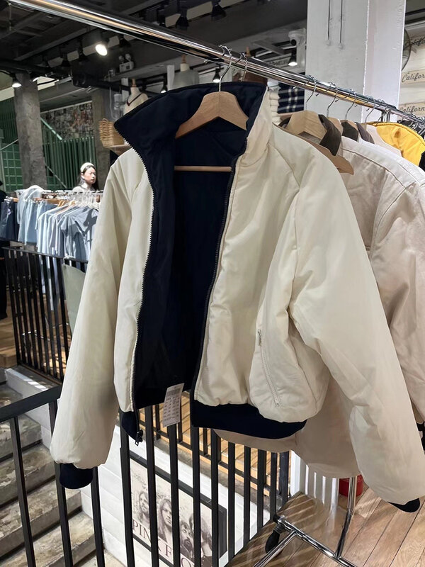 Jaket katun wanita, kerah berdiri dua sisi Vintage jaket katun kasual Solid longgar pakaian luar Streetwear Chic Harajuku Musim Dingin atasan