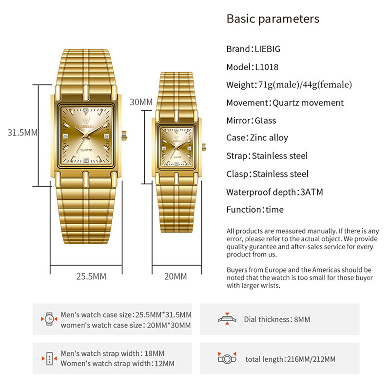 LIEBIG-Relógios de quartzo dourado para mulheres, pulseira de aço luxuosa para feminino e masculino, amantes, relógio