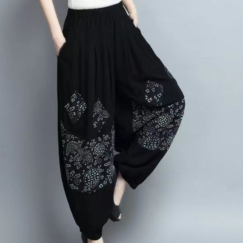 Calça floral lanterna solta para mulheres, algodão e linho, bolso elástico na cintura alta, estilo étnico, preta, verão, primavera