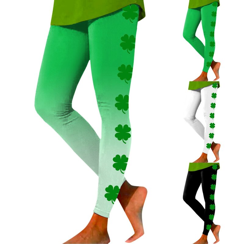 Leggings elásticas macias para mulheres, leggings macias, estampa de desenhos animados, calças coloridas, festival irlandês